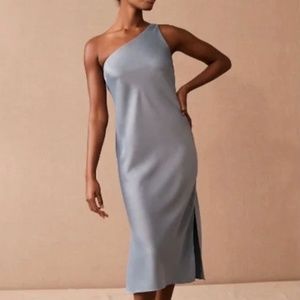 BHLDN Bridesmaid Dress Audrie Dusty Blue Midi Satin Dress